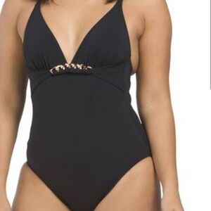 NWT PROFILE BY GOTTEX Unchain My Heart V-Neck One-piece Swimsuit -Black Size 12